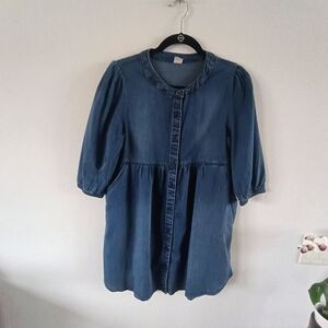 Evsie Womens XL Chambray Babydoll Top Puff Sleeve Button Front Denim Blouse